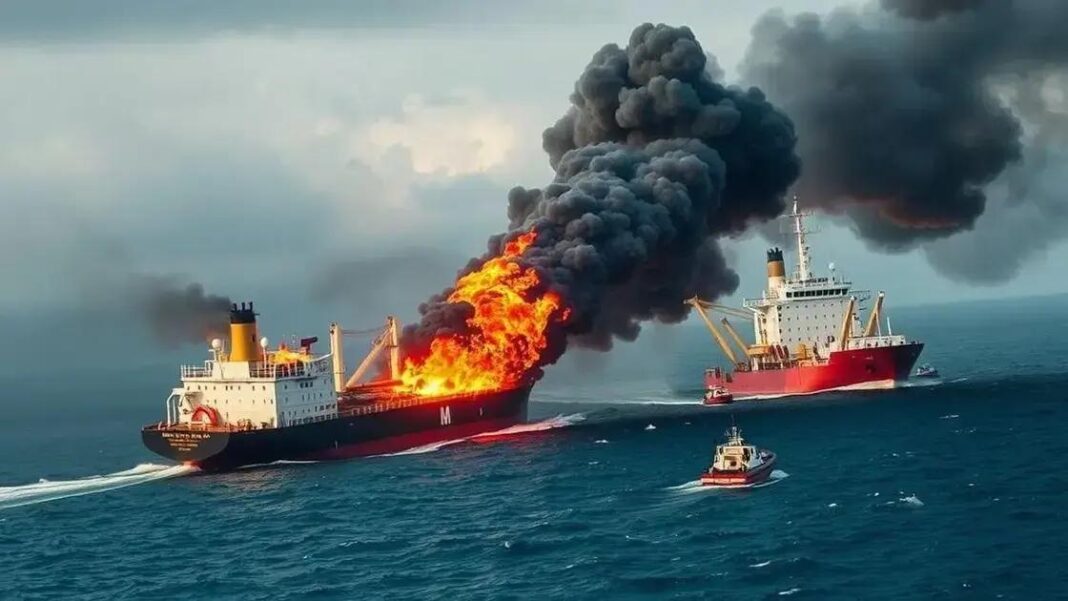 Colisão de petroleiro e navio de carga provoca incêndio na costa inglesa